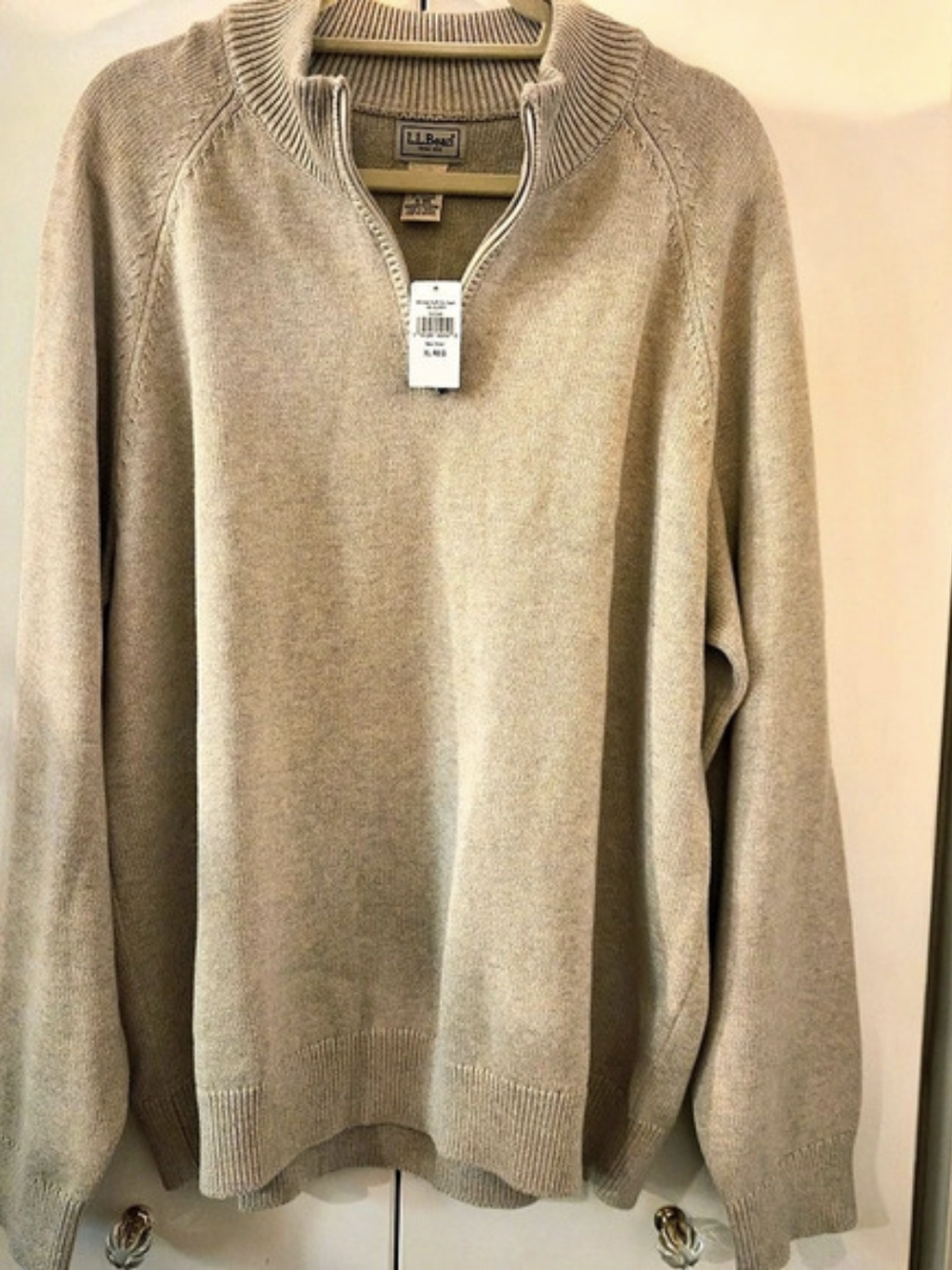 NWT L.L. Bean Men’s Wicked Soft Cotton Cashmere Quarter Zip Sweater XL Khaki